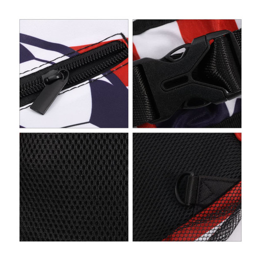 A crossbody bag featuring a colourful design with a black zipper, adjustable strap, and mesh detailing.