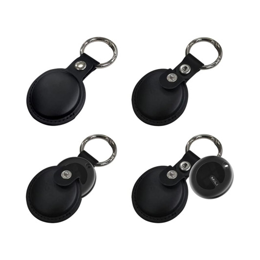 A set of black tracking tags with keyring attachments, featuring a PU case and rounded design.