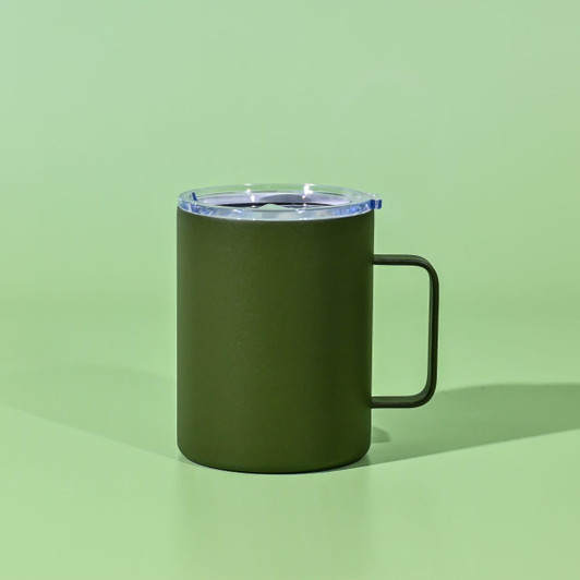 A drink bottle featuring an olive green exterior and a transparent lid, with a handle for easy carrying.