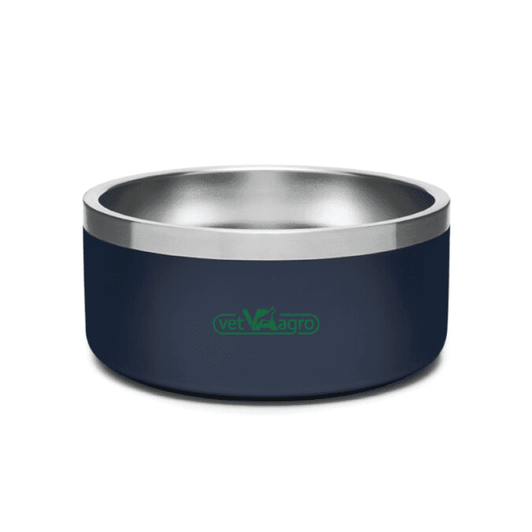 A pet bowl in navy blue with a stainless steel interior. The bowl features a logo on the side.