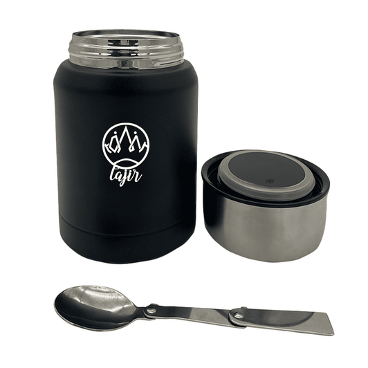 A drink bottle in matte black with a stainless steel inner and a spoon, featuring a logo on its exterior.
