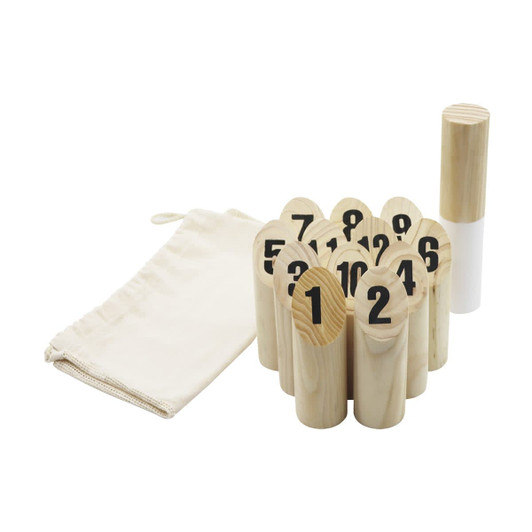 A set of wooden skittles numbered 1 to 10, with a wooden throwing pin and a drawstring bag.
