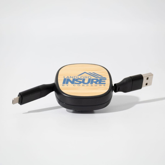 A fast charging cable in black with a wooden textured centre and two connectors, featuring a logo.