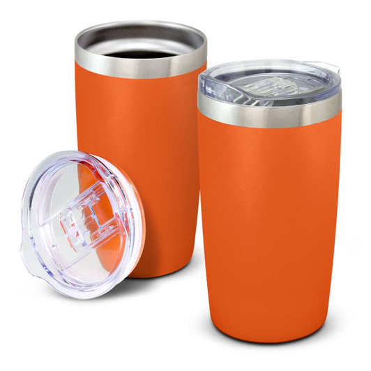 An orange vacuum cup with a stainless steel rim and a clear lid, alongside another lid.