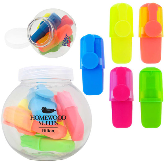 A transparent jug filled with colourful highlighters in pink, yellow, green, and blue, featuring a logo on the side.