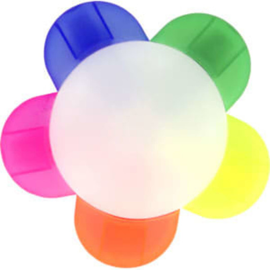 A flower-shaped highlighter with petals in blue, green, pink, orange, and yellow colours, featuring a central white section.