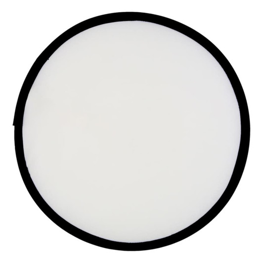 A foldable flying disc with a white centre and a black border, featuring a logo.