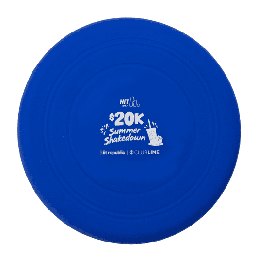 A blue silicon frisbee featuring a logo and promotional text in the centre.