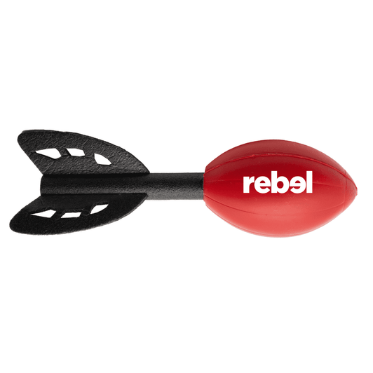 A red football-shaped stress toy with a black tail and a logo.