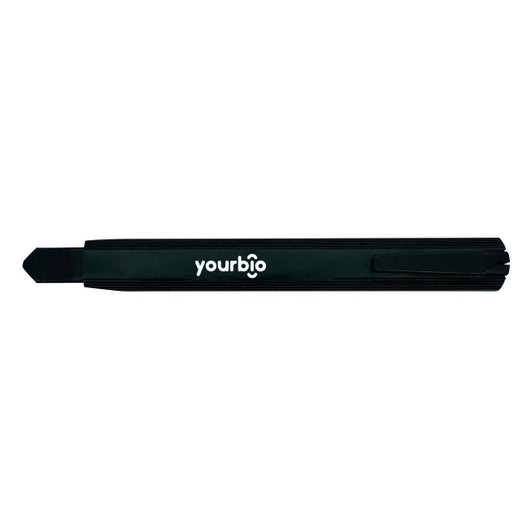 A slimline retractable box cutter in black with a logo. It features a compact design for easy storage.