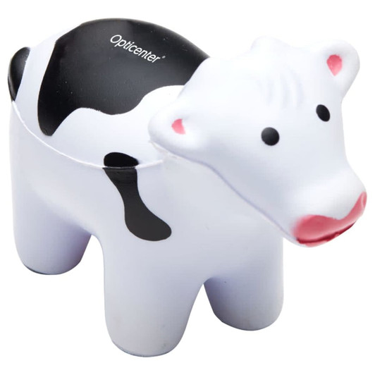 A white and black cow-shaped stress toy, featuring a smiling face and a smooth surface. It has a logo on one side.