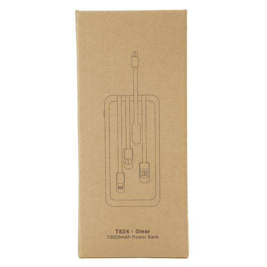 A brown cardboard packaging for the Omar Power Bank (10,000 mAh), featuring multiple charging cables.