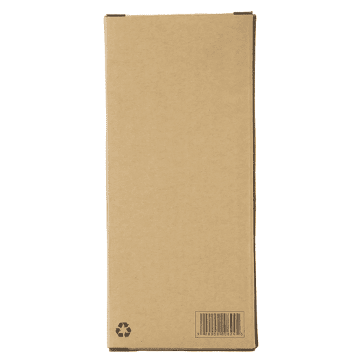 A plain brown cardboard box with no visible branding or text, featuring a recyclable symbol and a barcode.