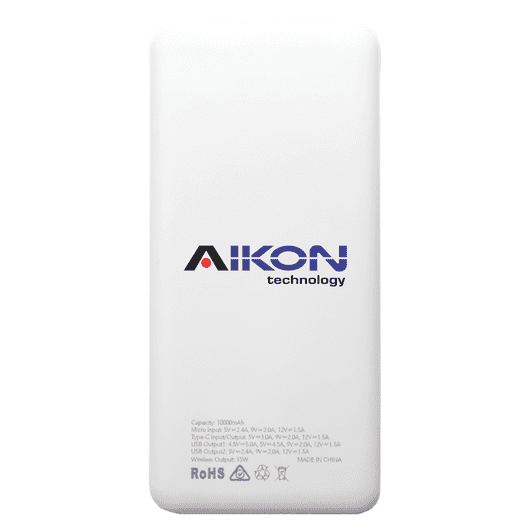 A white power bank with a capacity of 10,000 mAh, featuring a logo and multiple output ports.
