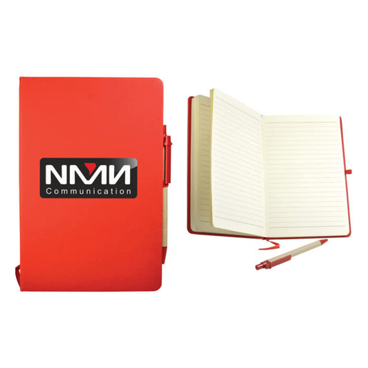 A red recycled notebook with an elastic closure, featuring a logo, and includes a pen beside it.