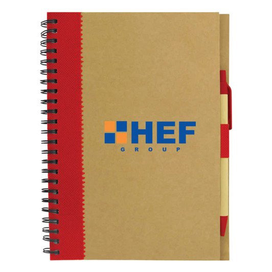A recycled paper notebook with a brown cover, red spiral binding, and a logo on the front. It includes a pen.