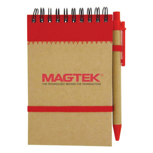 A brown recycled jotter pad with a red accent and a matching red pen, featuring a logo on the cover.