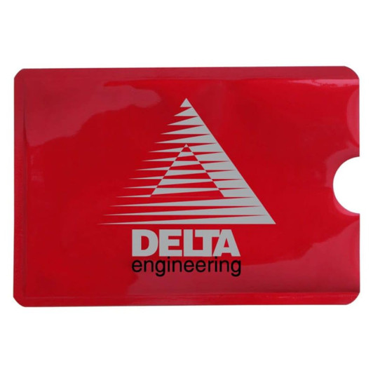 A red RFID credit card protector sleeve featuring a logo and a triangular design.