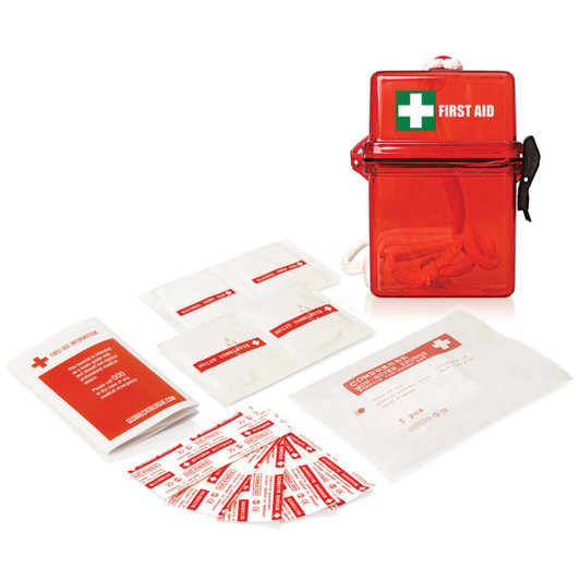 A waterproof red first aid kit containing 15 pieces, including plasters and antiseptic wipes, with a branding logo.