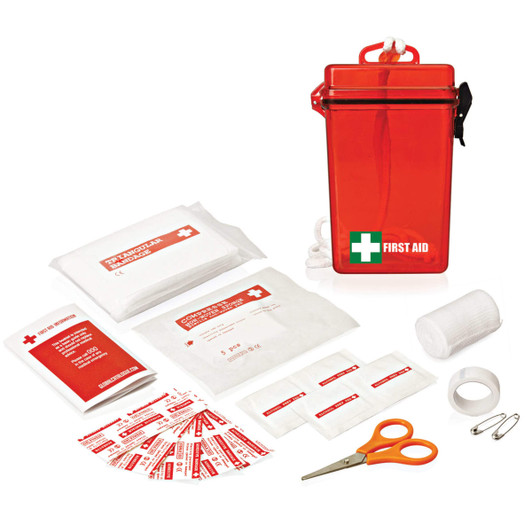 A red waterproof first aid kit containing bandages, scissors, adhesive strips, and gauze. Includes a branded case.