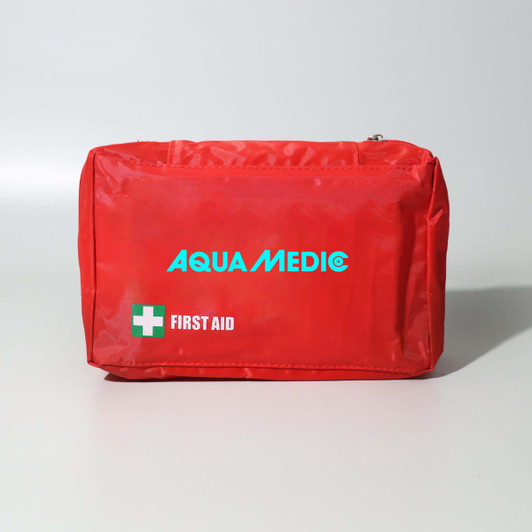 A red first aid kit featuring a logo, designed to hold 45 pieces for health and personal care.