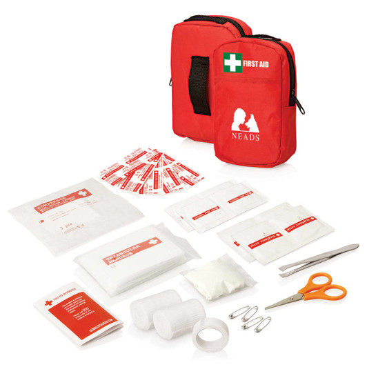 A red first aid kit containing bandages, gauze, scissors, tape, and other essential medical supplies, featuring a logo.
