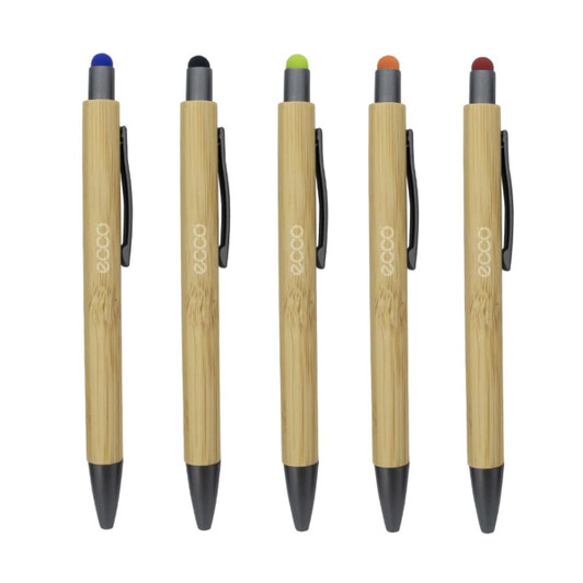 A set of five bamboo stylus pens featuring blue, green, orange, red, and black tips, each with a black grip and clip.