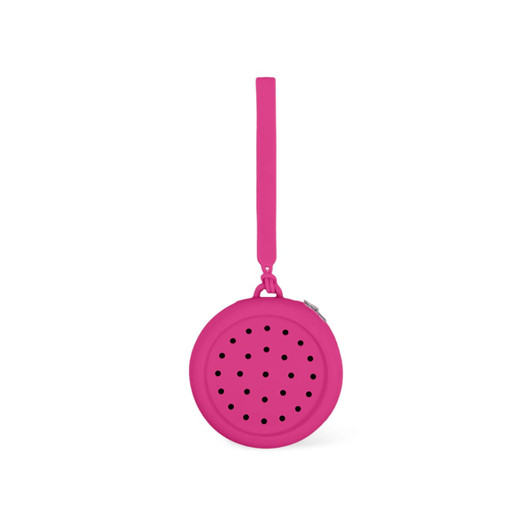 A round pink silicone pouch with holes and a wrist strap, featuring a zipper closure.