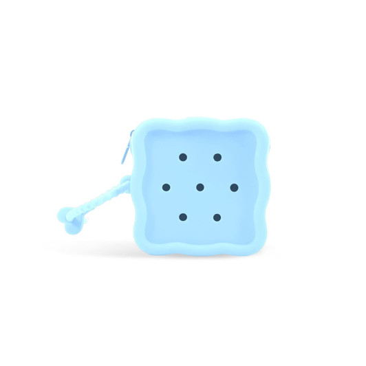 A square silicone pouch in light blue with six holes and a zip closure. It includes a flexible handle.
