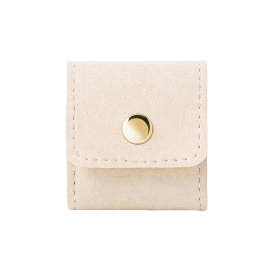 A mini synthetic leather jewellery bag in a cream colour, featuring a gold snap button closure and stitched edges.