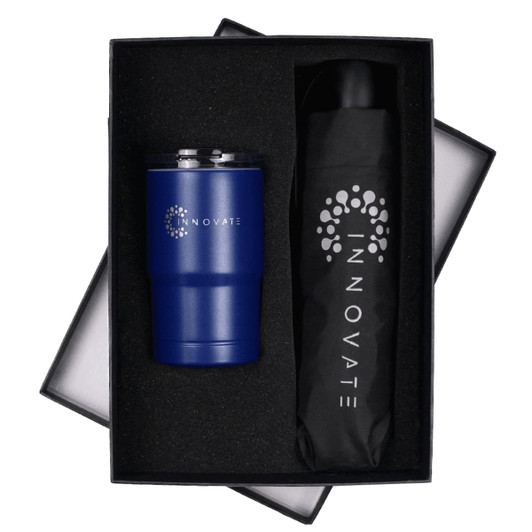 A drink bottle and a black umbrella in a black gift box, featuring a logo on both items. The tumbler is blue.