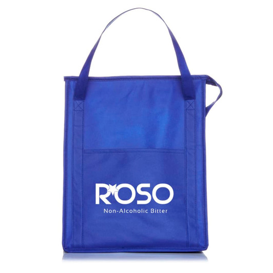 A blue insulated grocery tote with two handles and a logo on the front.