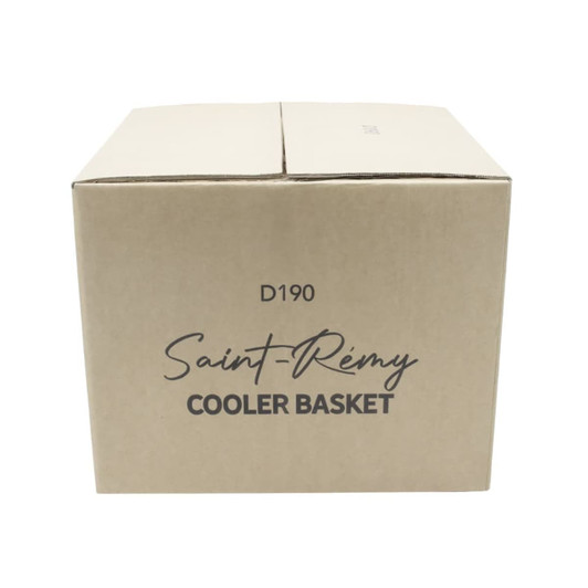 A tan cardboard box labelled "Saint-Rémy Cooler Basket," featuring branding on the front.