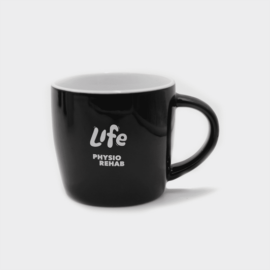 A black ceramic mug with a curved design and a handle, featuring a logo on the front.