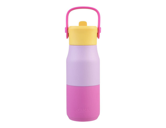 A drink bottle in purple, pink, and yellow, featuring a handle and a logo on the front.