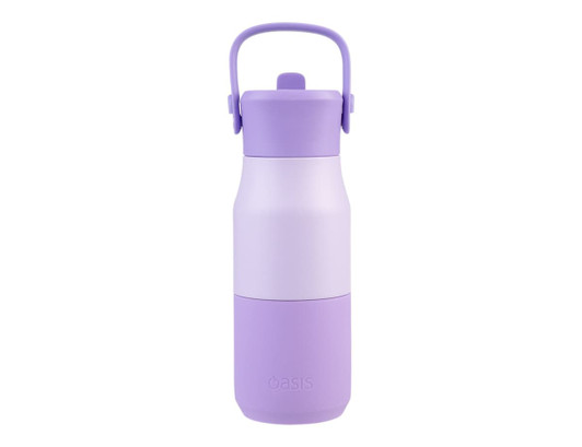 A drink bottle in shades of lavender with a handle and a logo, featuring an insulated design.