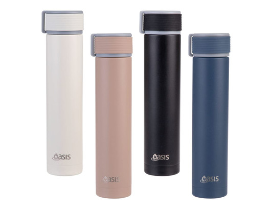 A drink bottle featuring four colours: white, beige, black, and navy, with an insulated "Skinny Mini" design and a logo.