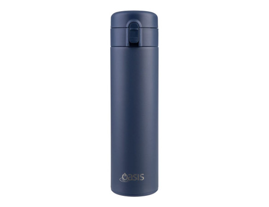 A drink bottle with a sleek navy blue finish and a flip-top lid, featuring a logo on the front.