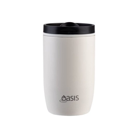 A drink bottle in white with a black lid and a logo, designed for insulated travel use.