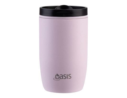 A drink bottle in soft pink with a black lid, featuring a logo on the front. Insulated and leakproof design.