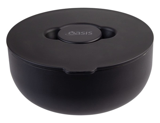A black insulated lunch bowl with a lid, featuring a logo on top. Ideal for keeping food fresh.