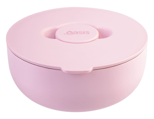 A pink insulated lunch bowl with a lid, featuring a circular design and a logo on the top.