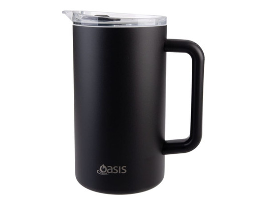 A drink bottle featuring a matte black exterior, a clear lid, and a sturdy handle, with a logo on the front.