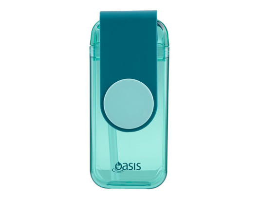 A drink bottle featuring a teal body with a blue lid and a straw, complete with a logo.