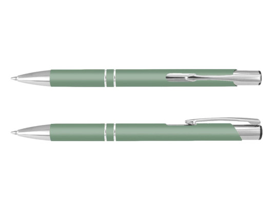 A green pen with silver accents, featuring a sleek design and a clip for easy attachment.