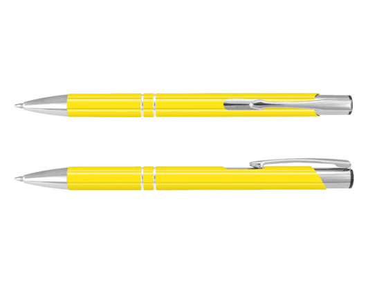 A yellow lacquer pen with silver accents, featuring a sleek design and a branding logo.