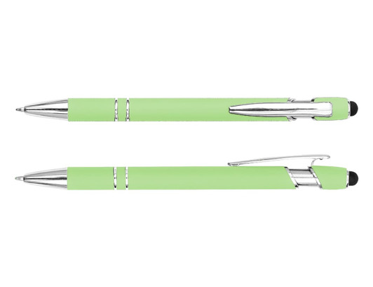 A stylus pen in light green with chrome accents and a clip, featuring a smooth writing tip.