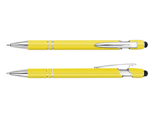 A yellow stylus pen with chrome accents, featuring a smooth barrel and a capacitive tip for touchscreen use.
