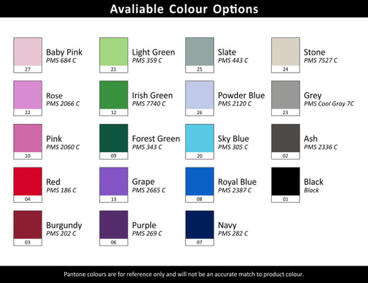 A colour chart featuring various options including shades like Baby Pink, Light Green, and Rose, along with their Pantone codes.
