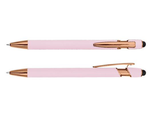 A rose gold stylus pen with a pink barrel, featuring a logo and a smooth writing tip.